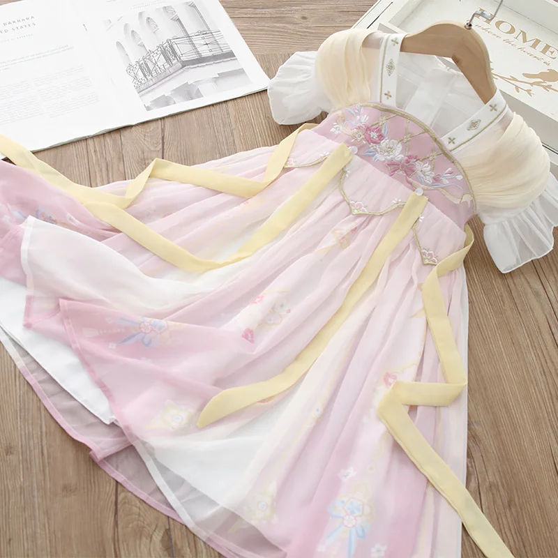 Chinese Traditional Folk Dance Dress Girls Fairy Embroidery Costume Hanfu Kids Princess Dresses Children Party Cosplay Clothing