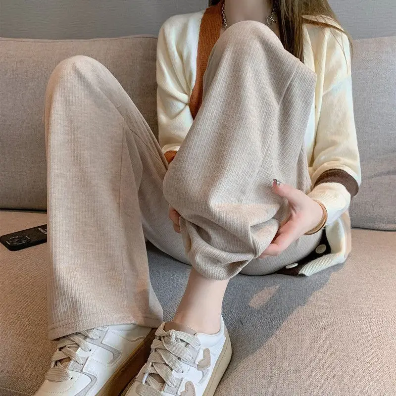 Autumn Winter Korean Fleece Women Thicken Pants Elastic Waist Stright Long Wide Leg Pants Fleece-lined Knitting Warm Trousers