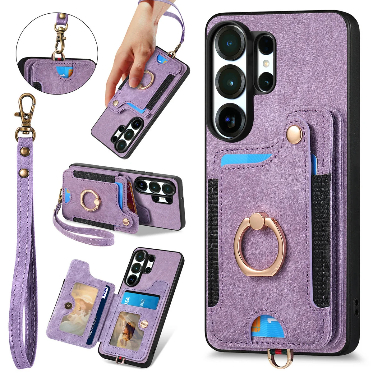 Leder-Handyhülle für Samsung S26 Ultra S26 S25 Plus S24 S23 S22 Ultra A37 A57 A17 mit Ring, RFID-Blockierung, Brieftasche und Kartenhalter