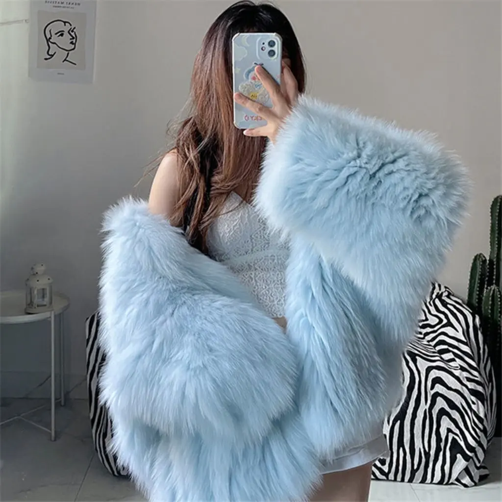 

Women's Slim Fit Imitation Fur Jacket New Faux Fox Fur Woven Hooded Bat Sleeve Long Sleeve Hair Jacket for Casual Wear