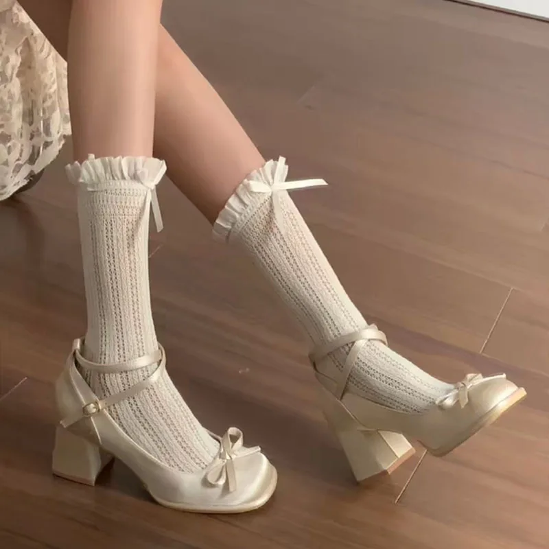 

Women's Shoes French Fairy Style Bow Mary Janes Luxury Satin Thick Heel Single Shoes Banquet Party Dress Shoes JK Skirt Footwear