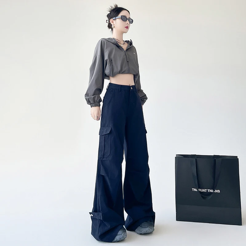 

Royal Blue Workwear Jeans for Women2025New Autumn High-Waisted Loose Design Wide-Leg Pants with Adjustable Cuffs