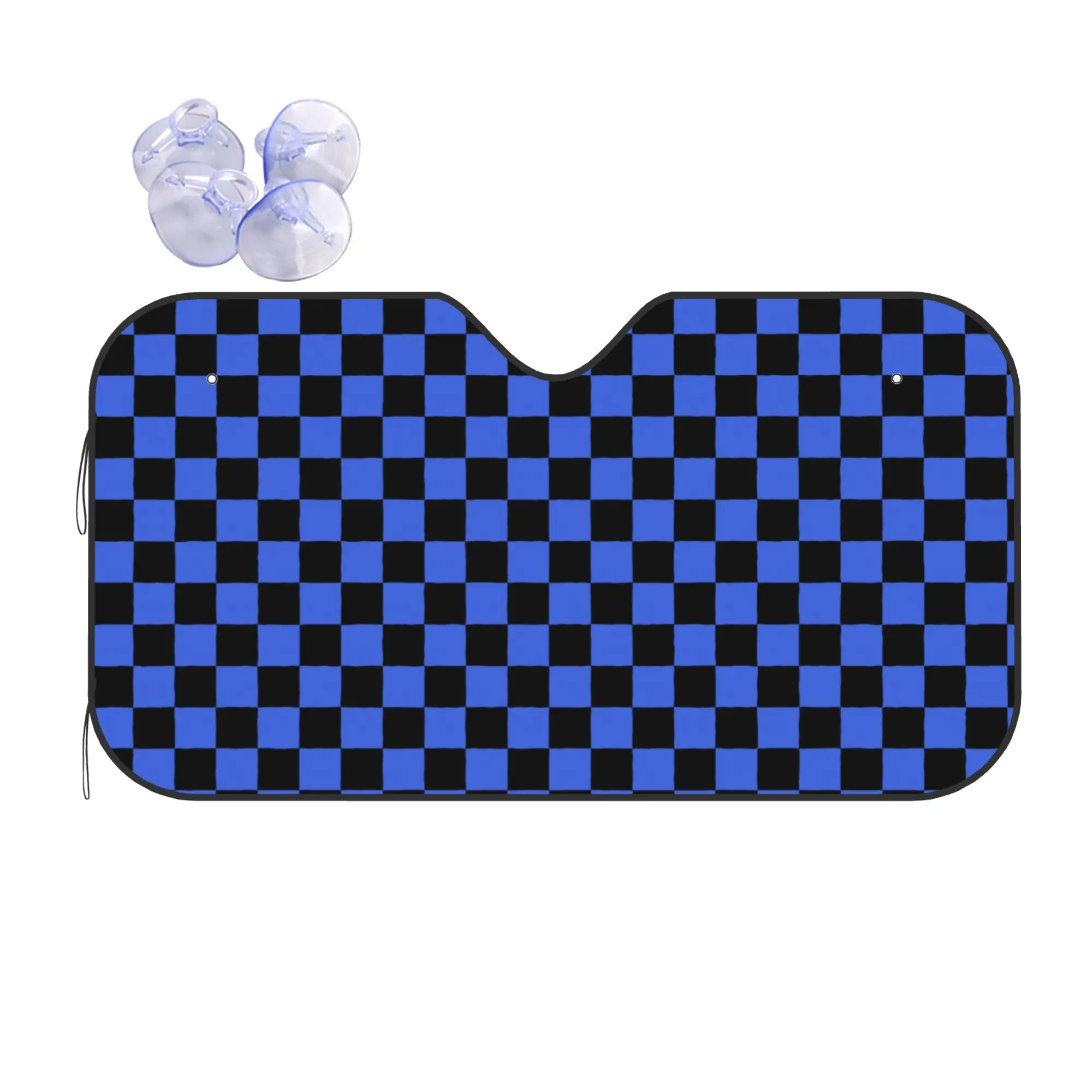 Black and Royal Blue Checkerboard Plaid Car Front Windshield Sun Visor UV Protection Car Sun Shade Aluminum Foil Car Sunshade