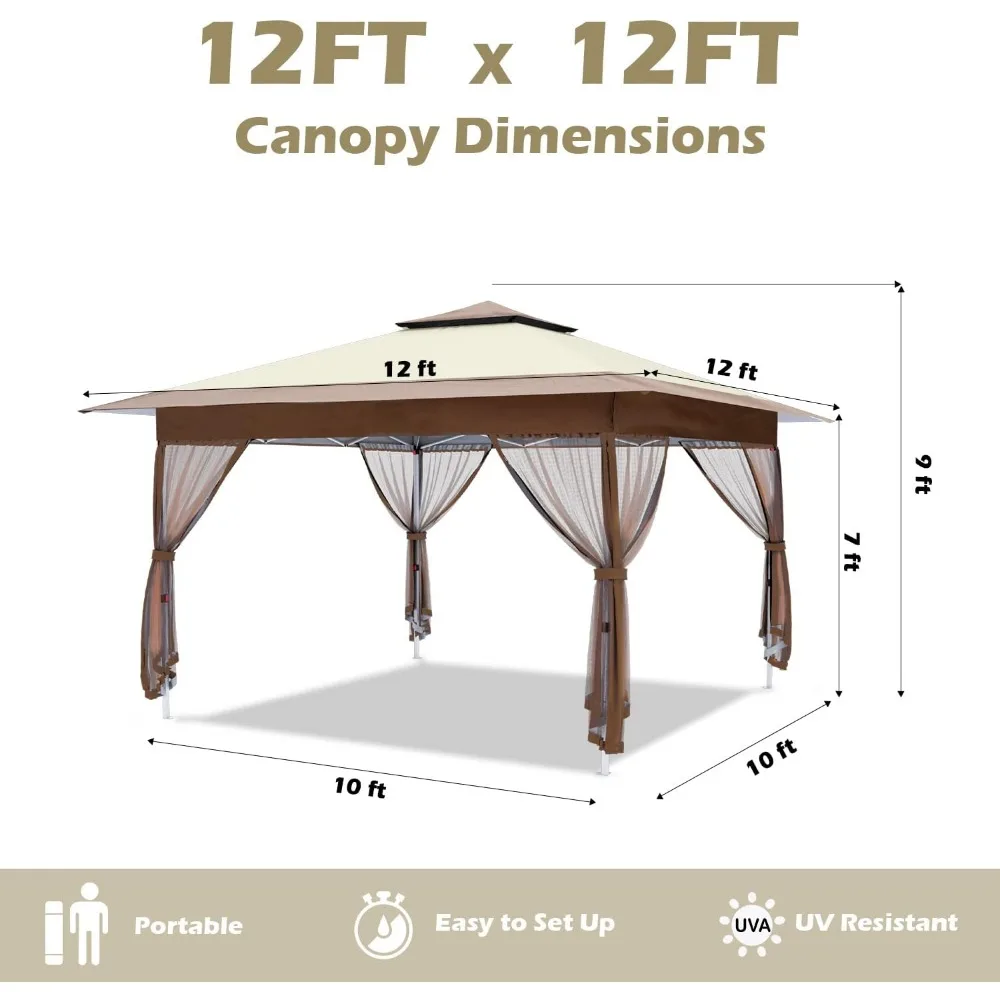 Outdoor Pop Up Canopy Tent com cortinas e Abrigo, Khaki Gazebo, Partido Pátio e quintal, 12x12'