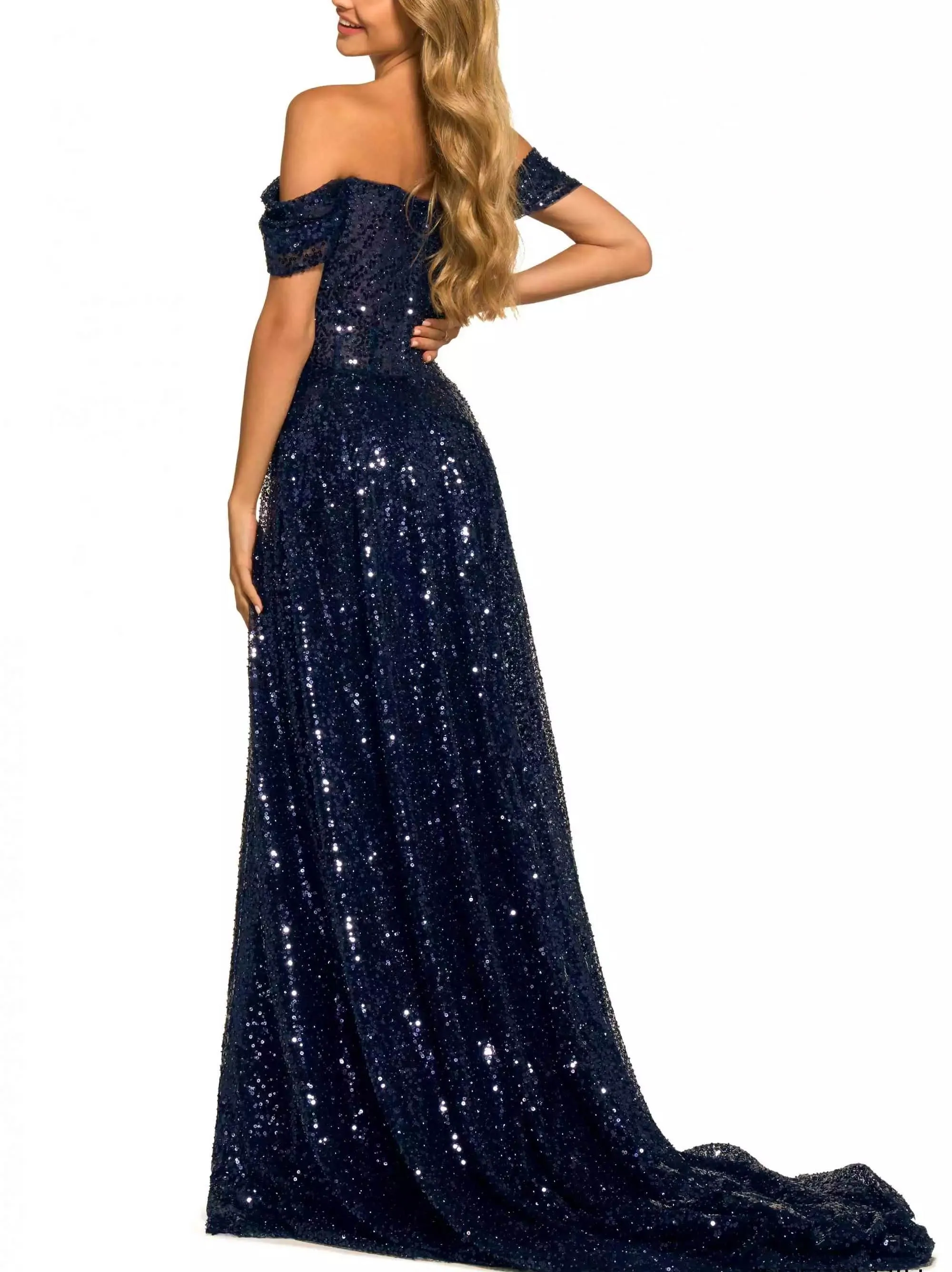 Off Shoulder Dazzling Sequin Fitted Bodice Evening Night Dress with Detachable Skirts Floor Length Party Dress