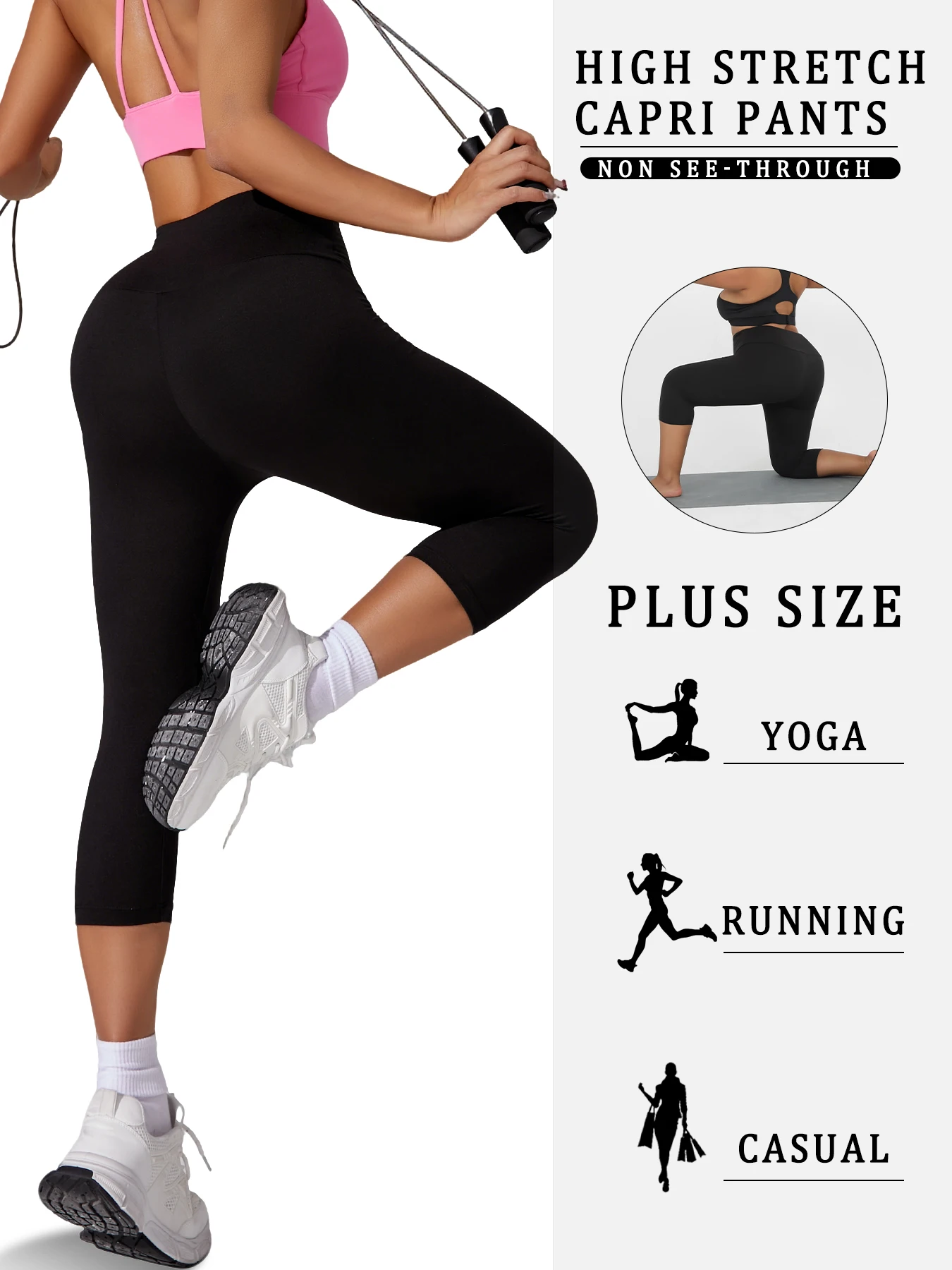Plus Size Super Soft High Waist Capri Pants Women No See Through Tummy Control Yoga Running Workout Home Wear