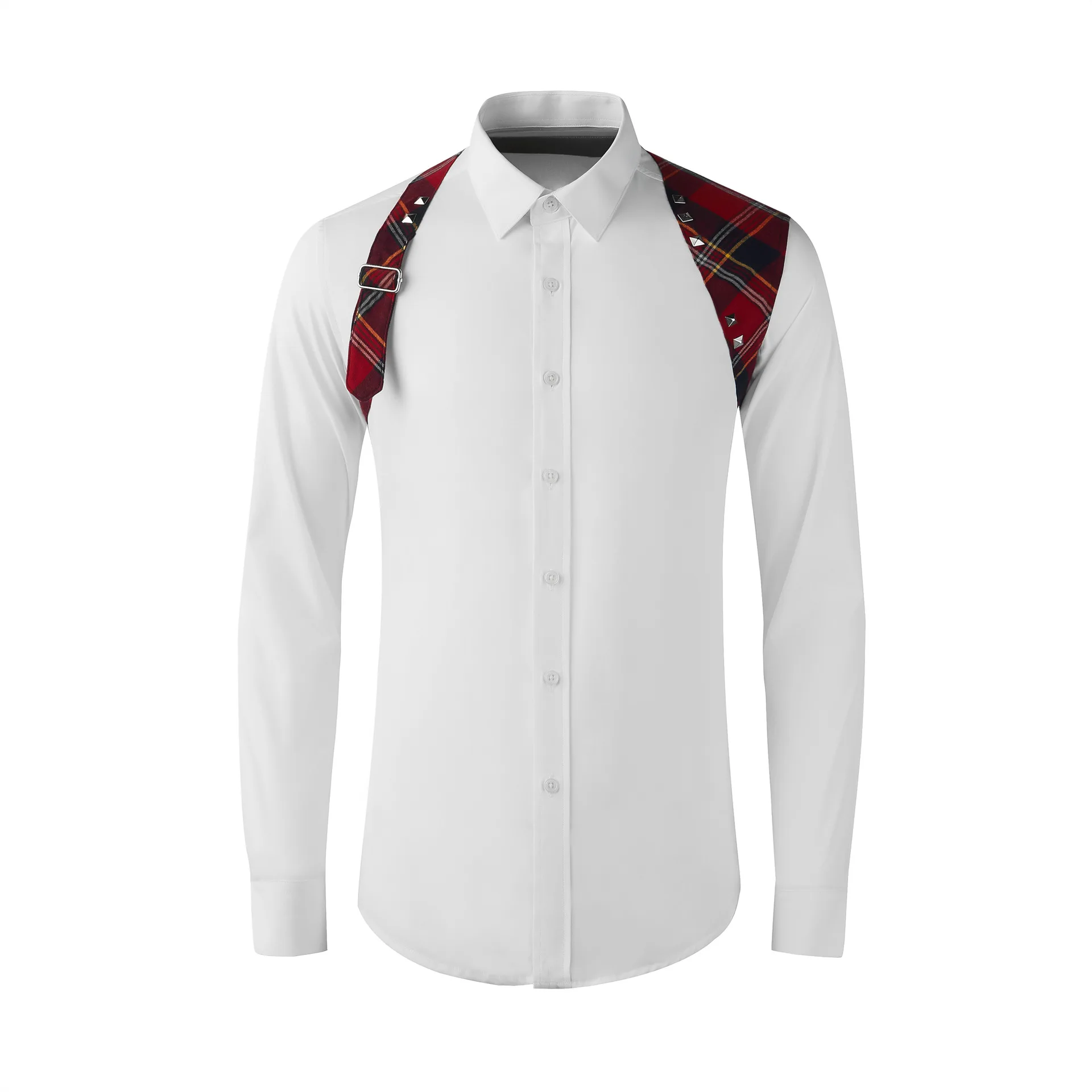 Autumn and winter shoulder strap plaid patchwork contrasting color workwear long sleeved men's shirt