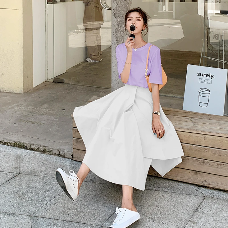 Skirts Women Fashion Korean Elegant Sweet Females Design High Waist Lovely Solid Casual Summer Clothes Vintage New