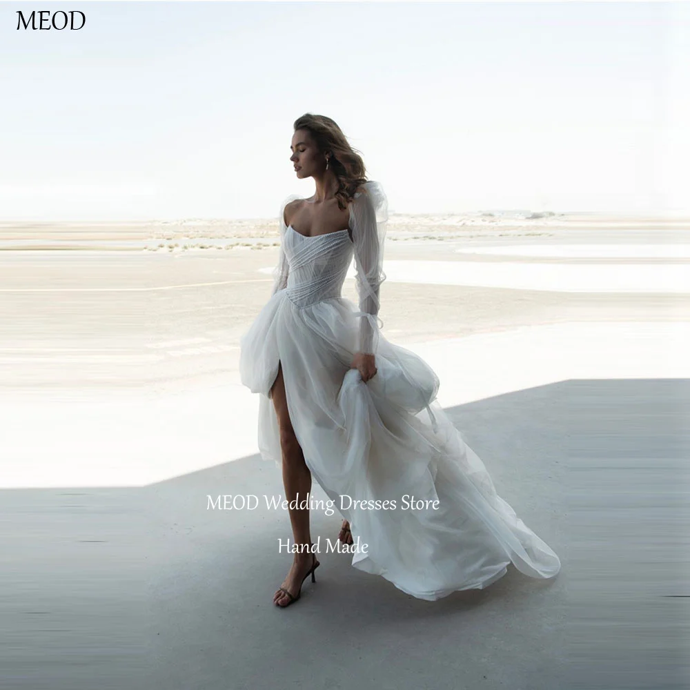 

MEOD Tulle Vintage A Line Wedding Dresses Bride Strapless Long Sleeves Vestidos Pearls Long Train High Slit Dress Customized
