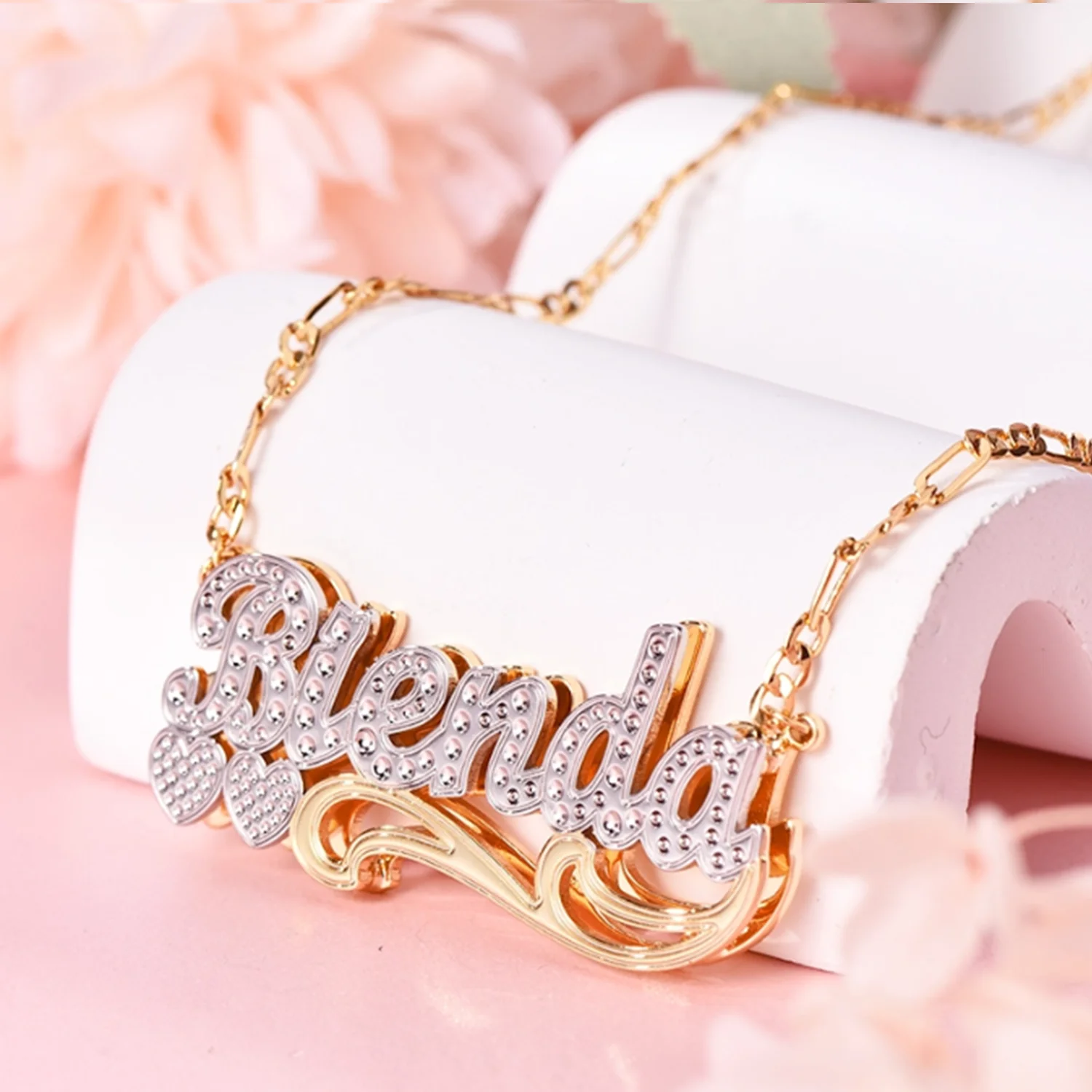 Zciti Custom Name Necklace 18K Gold Plated Double Layer Etched Letter Pendant Personalized Jewelry Gift for Women Girls Birthday