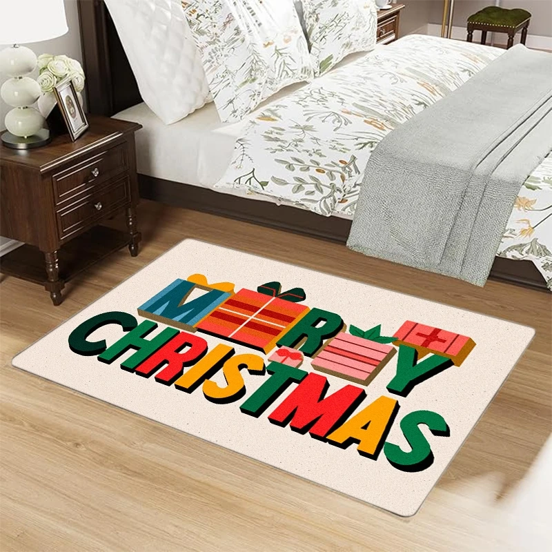 Merry Christmas Gift-Box Doormat  Soft, Non-Slip PVC Back, Machine Washable for Entryway, Kitchen & Bathroom
