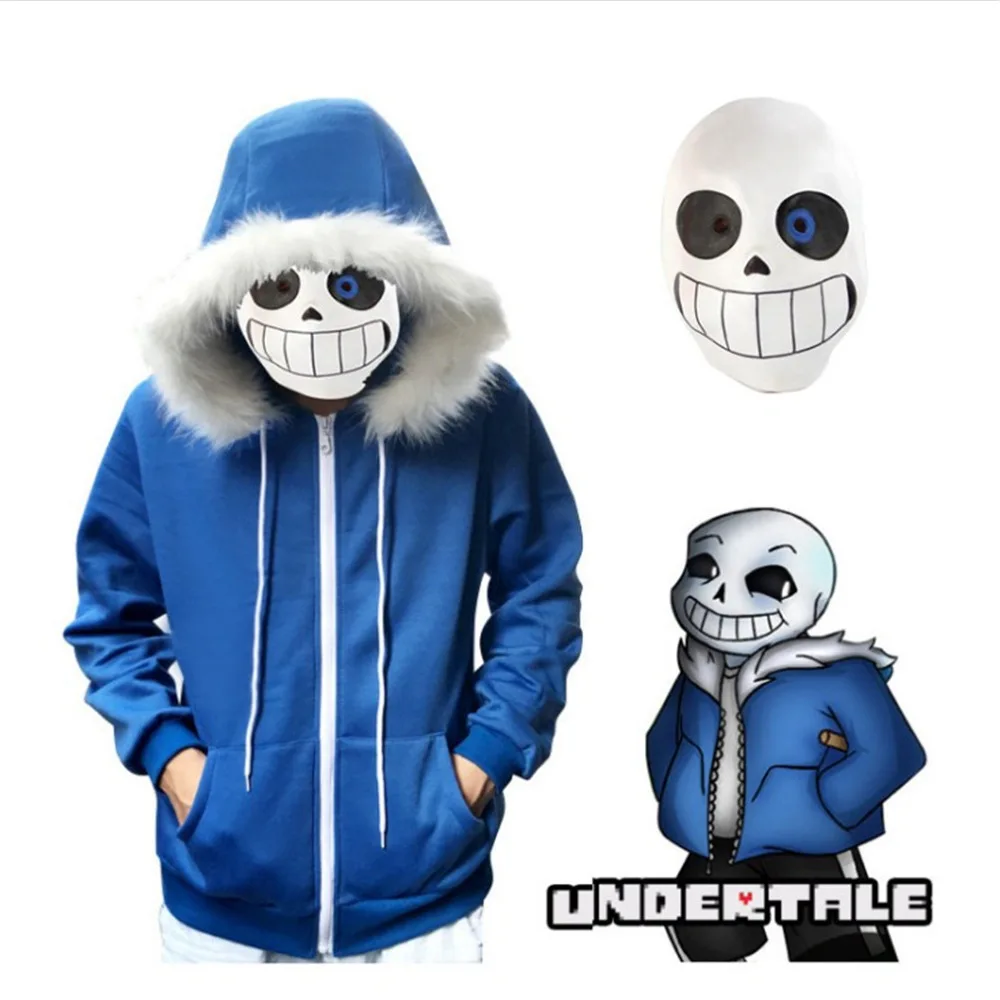 معطف تنكري على شكل هياكل عظمية من Undertale Sans بقلنسوة باللون الأزرق والعظام معطف أزرق للهالوين زي تنكري للجنسين جاكيت أنيق وقبعات الرأس