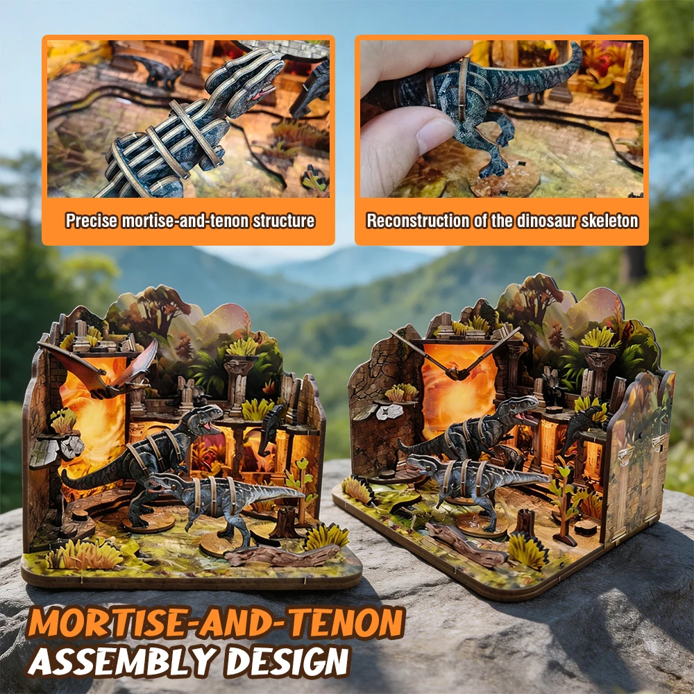 DIY Dinosaur Book Stand Luminous 3D Wooden Puzzle Toys Set Prehistoric World Stereo Model Handmade Assembly Ornament Xmas Gifts