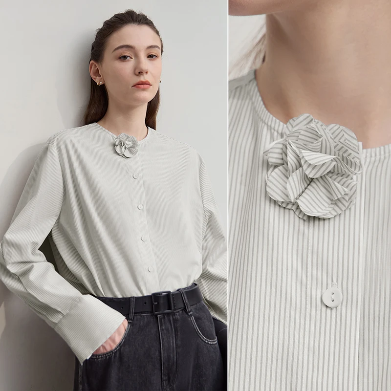 AMII 여성 셔츠 2025 가을 신상품 입체 장식 코튼 O넥 스트라이프 블라우스 루즈핏 탑 12543171