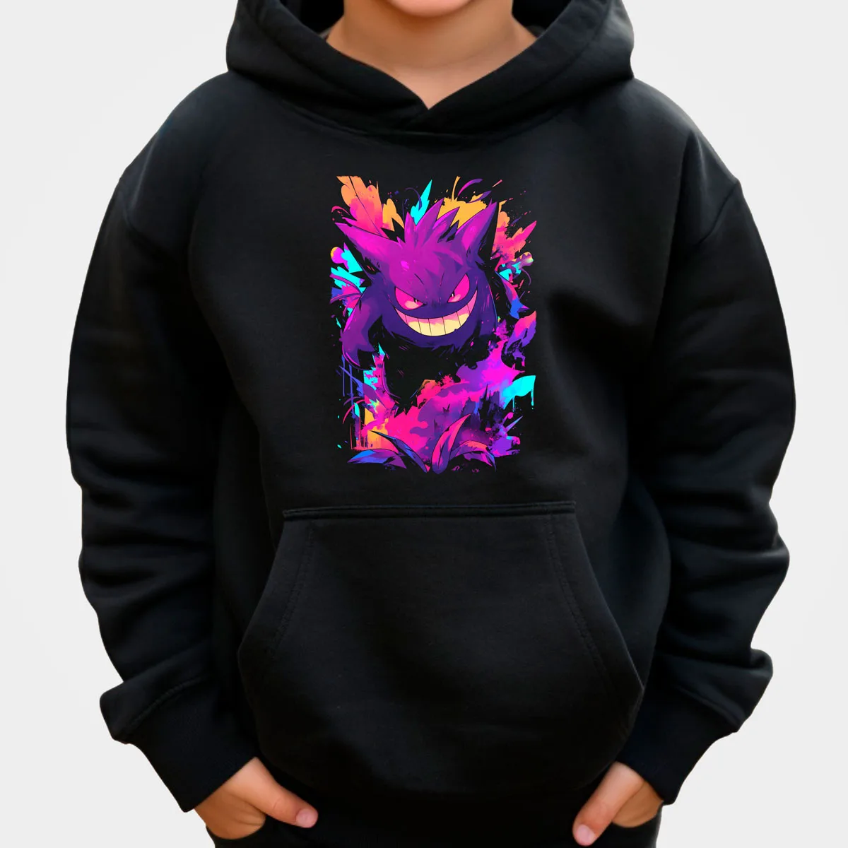 Pokemon Anime Gengar Baumwoll-Hoodie, Schwarz mit lila Geist, leuchtende Augen, Rot, Blau, Feuere Ausdruck, lockere Passform, lässig