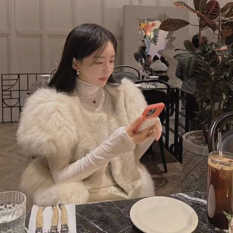 Women's 2026 Autumn Winter Korean Dongdaemun Vintage Faux Fox Fur Vest Single Breasted Sleeveless Coat Chic Coquette Trendy