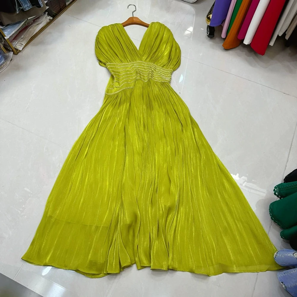 

European, American and Australian niche high-end collar waist heavy diamond chain sleeveless long dress-GZXX269