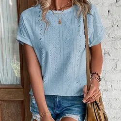 Women's Shirts Fashion Elegant Short Sleeve O Neck Office Lady Tops Women Hollow Out Blouses Female Clothing T-shirts Blusas