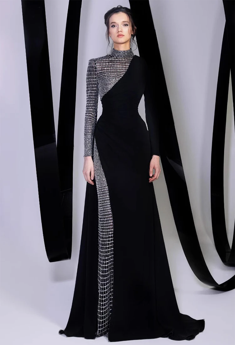 L441 Hot Sale Black High Neck Long Sleeves Crepe Sliver Beaded  فساتين السهرة vestidos de fiesta  فساتين سهره evening dresses