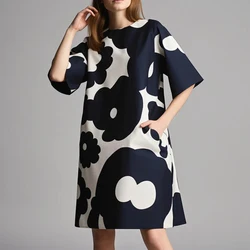 Vintage Geometry Print Pocket A-Line Party Dress Women Spring Crew Neck Loose Knee Dress Autumn Half Sleeve Femme Pullover Dress