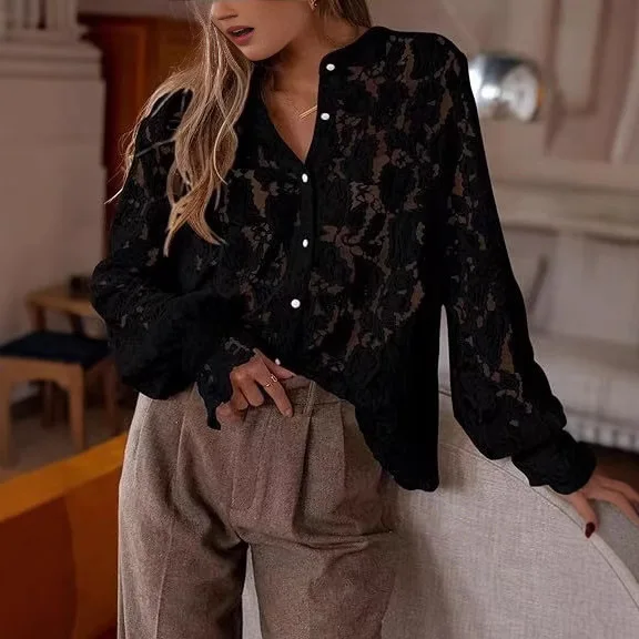 

White Sexy Lace Hollow Out Women Blouses Autumn Spring Black Shirt Vintage Button Up Shirts Long Sleeve Loose Tops Y2k Blusas