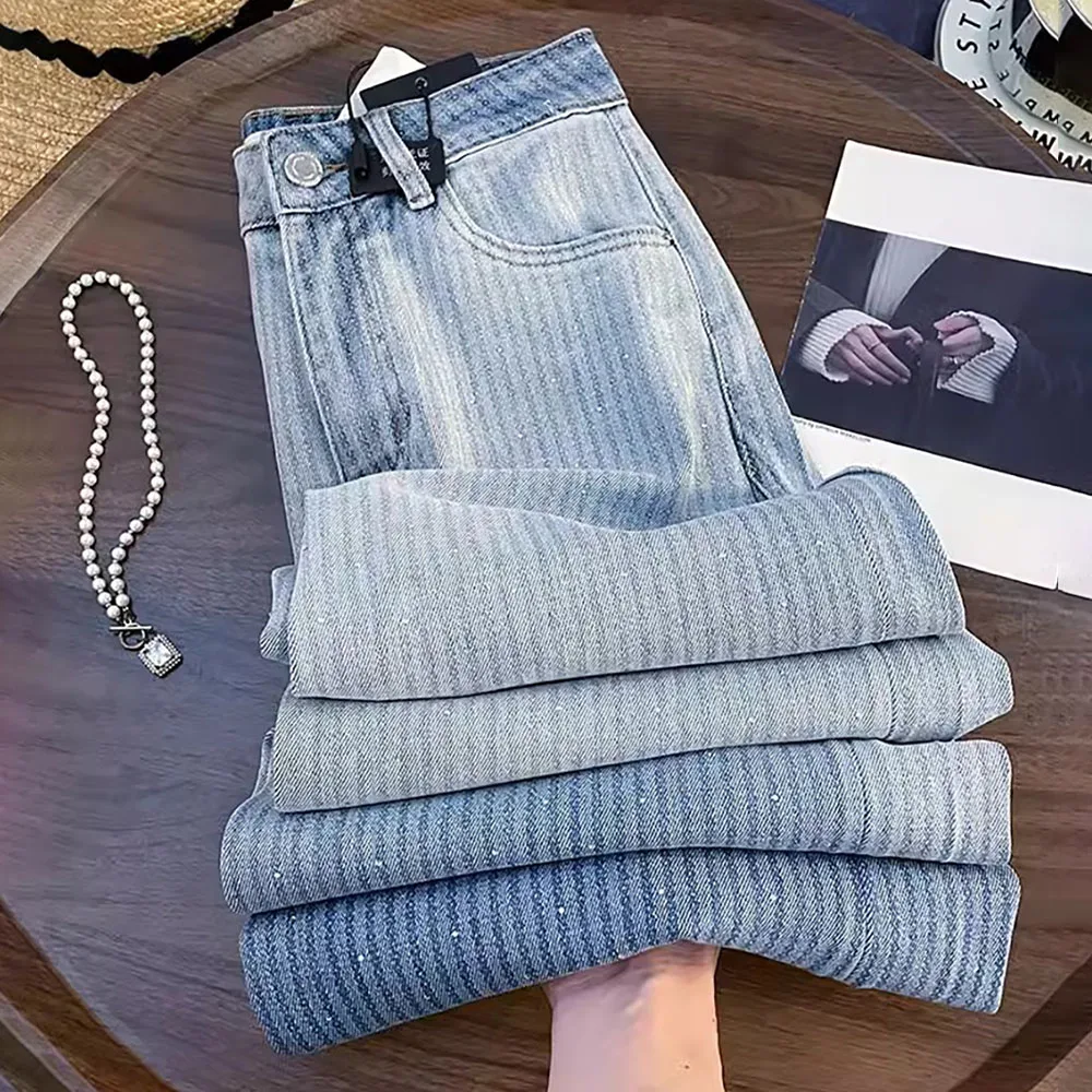 Shiny Rivet Wide Leg Jeans Women Diamond Gradient Blue Striped Denim Pants 2025 New Fashion High Waist Straight Loose Jeans