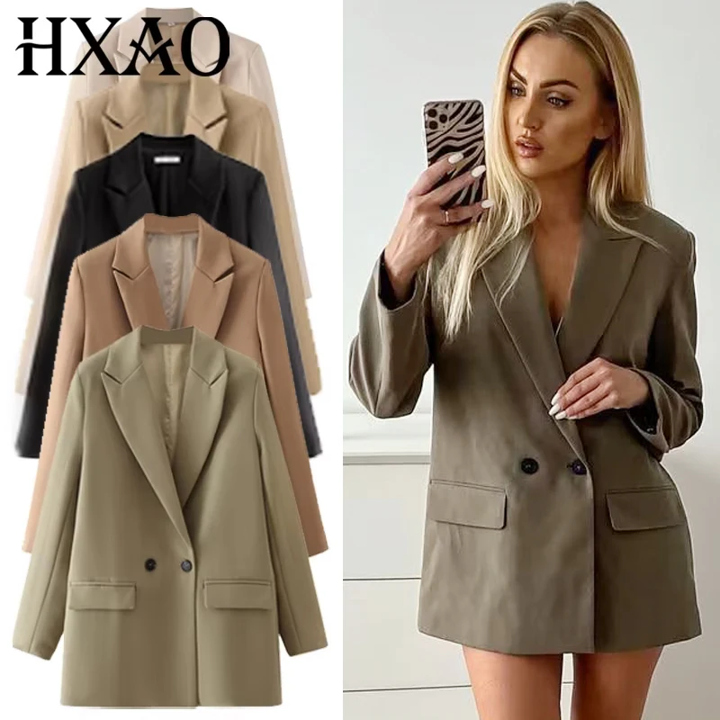 

HXAO Women's Blazers Office Wear Woman Brown Khaki Off White Black Blazer Woman Long Sleeve Fitted Jacket High Quality Blazers