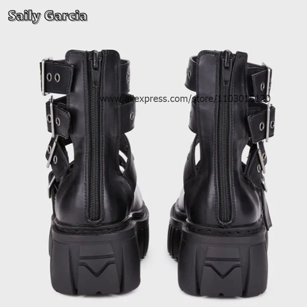 Genuine Leather Belt Buckle Strap Motorcycle Boots Rock Punk Style Casual Boots Round Toe Platform Breathable Mid Calf Shoes