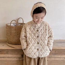 2024 Girls' Autumn and Winter Coat Children's Clothing Korean Version Cotton Padded Jacket Flower Single Breasted Cardigan