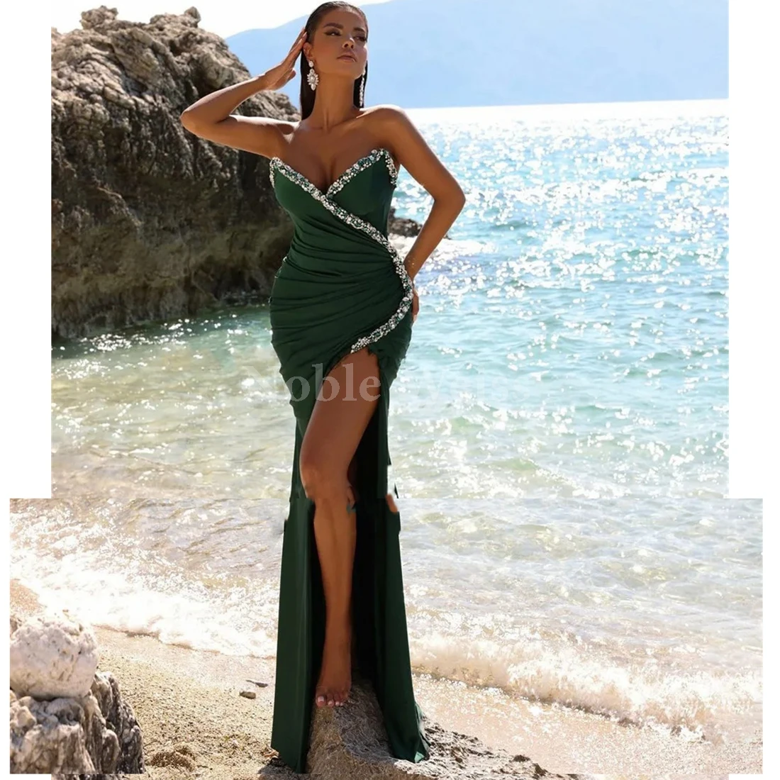 

Sexy Mermaid Evening Dress Long High Slit Beading Off Shoulder Prom Gown Customize