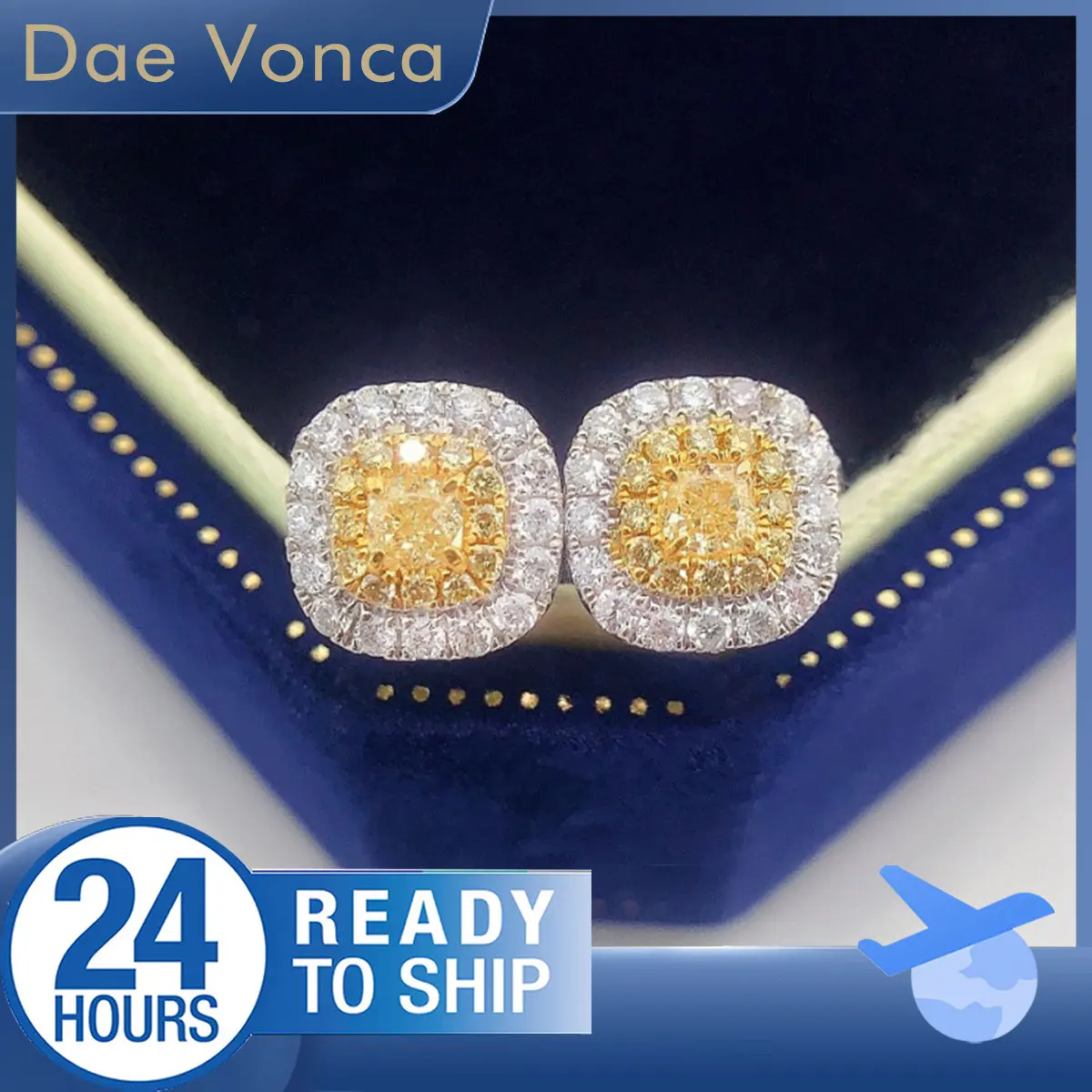 

18K White Gold Cushion Halo Diamond Stud Earrings Cushion Cut Natural Yellow Diamond Double Halo Genuine Diamond Earrings