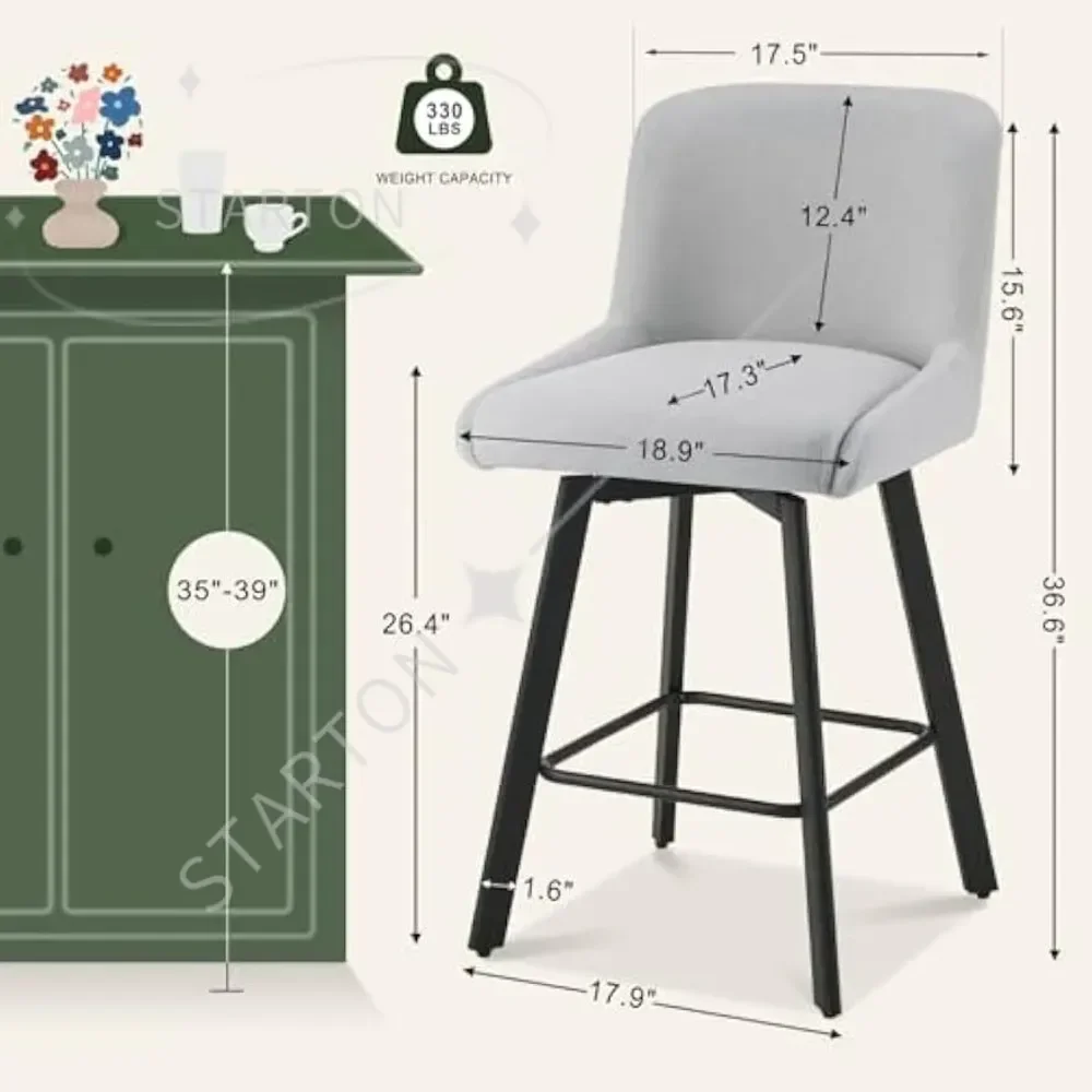Set of 3 Swivel Bar Stools 26 H, Upholstered Counter Height Stools