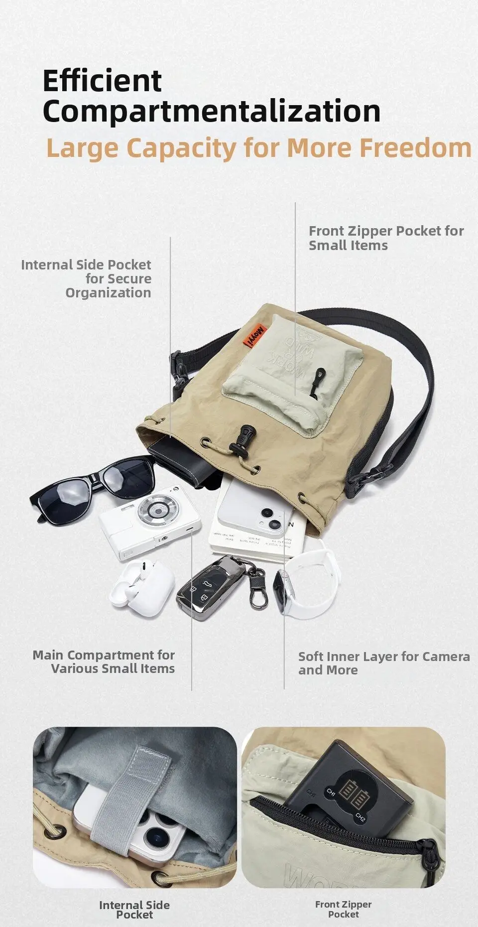 MOYYI Leichte Spiegellose Kameratasche für Outdoor-Wanderungen Lässige Umhängetasche mit Kordelzug und Inneren Flanell-Stofftaschen – Detail 4