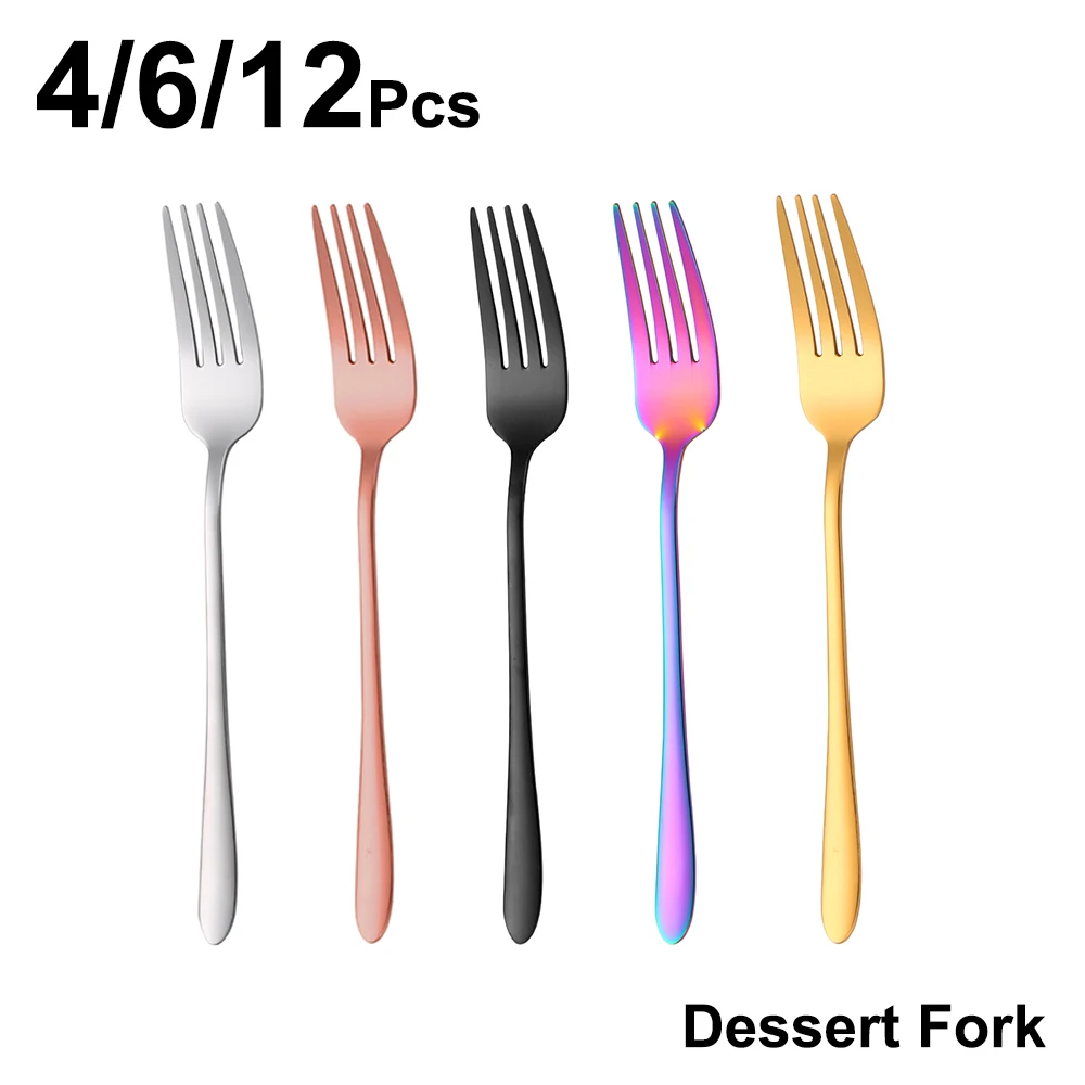 4/6/12Pcs Black Dessert Fork Stainless Steel Coffee Fork Set Ice Cream Cake Fruit Forks Gold Cutlery Party Thin Sliverware