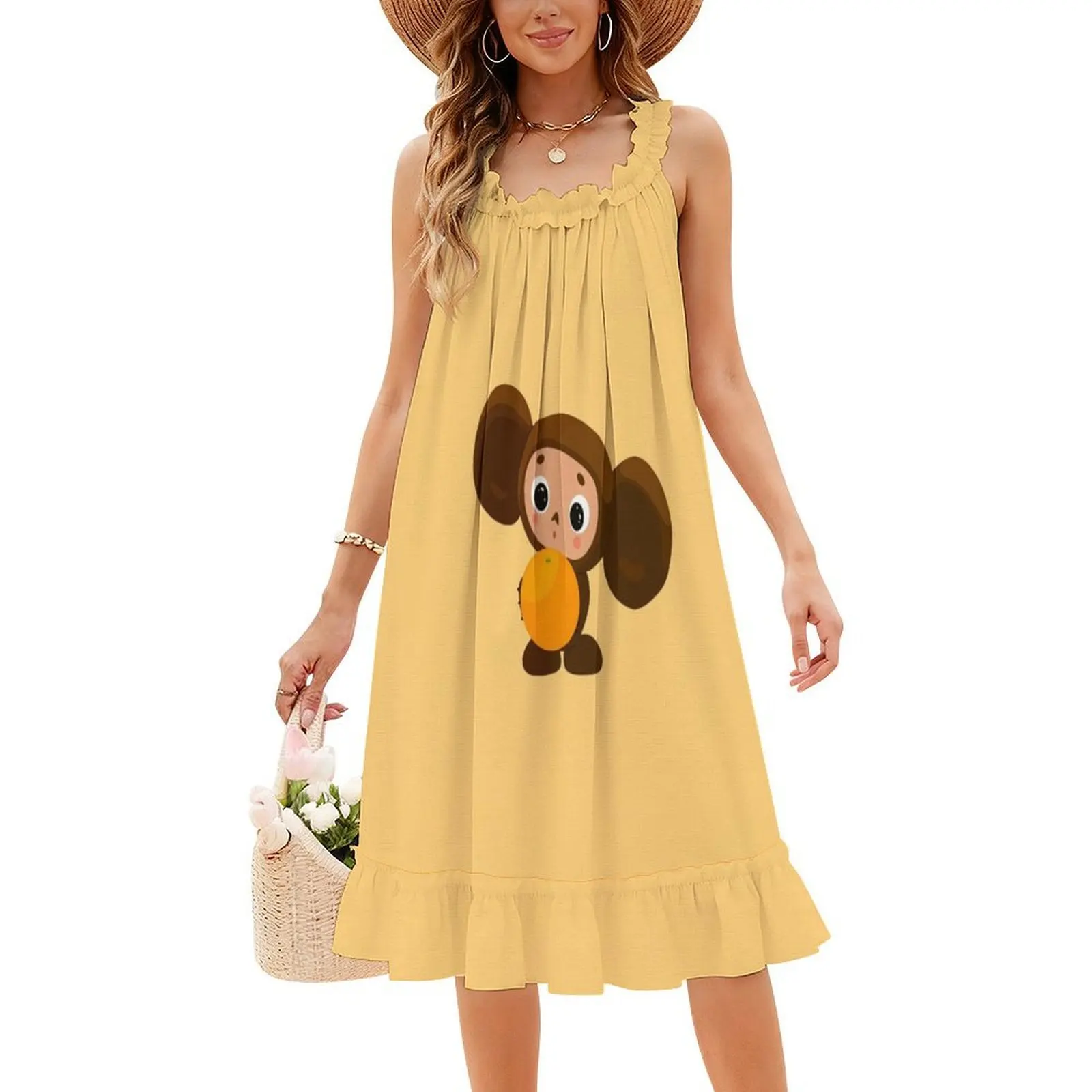 فستان Cheburashka البوهيمي العتيق بأكمام منتفخة أو خيارات بدون أكمام للنساء فستان Cheburashka الروسي الكرتوني البرتقالي للمرأة #4