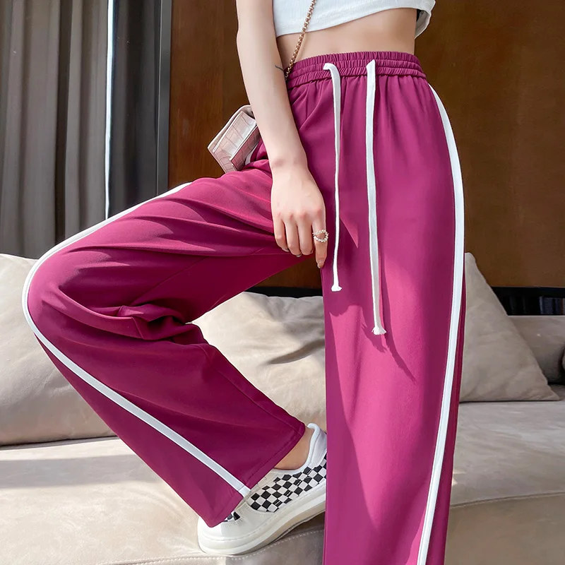 Summer High Waist Ice Silk Movement Wide-legged Trousers Drape Female Loose Leisure Pants Striped Patchwork Floor-length Pants