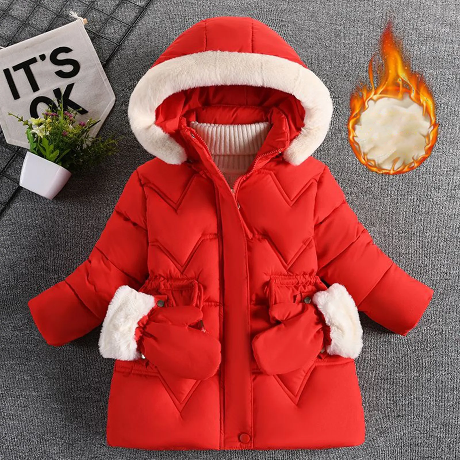 Send Gloves New Winter Girls Jacket Warm Fur Collar Princess Coat Hooded Zipper Outerwear Birthday Gift 3-8 Years Kids Clothes