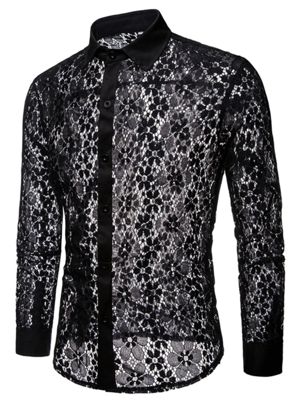 

Faionable Long Sve Men's Lapel irt Lace Trim Sli Busin Casual Mid-Year Summer Pure Color Slim Fit Other Material