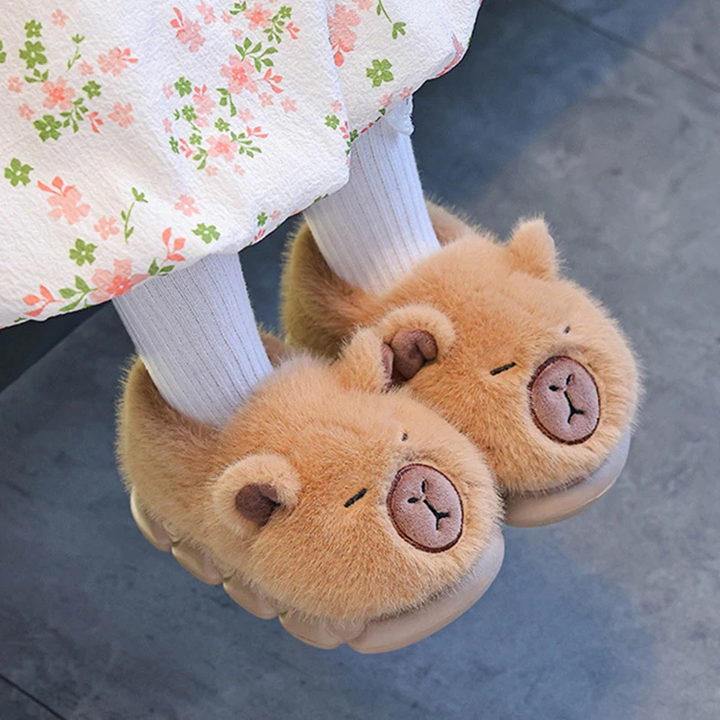 Cute Cartoon Capibala Furry Indoor Slippers Children 2025 Winter Non Slip Thick Bottom Home Slippers Warm Plush Children's Slide