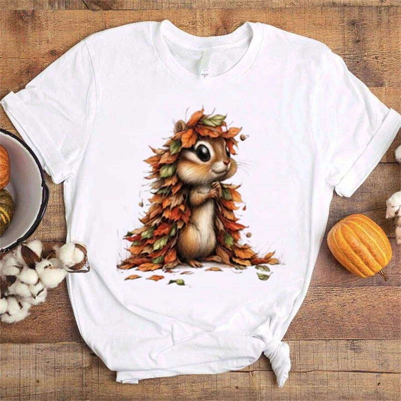 

Squirrel Pattern Cute Casual Women's O-Neck Cartoon T-Shirt Printed Short Sleeved Street Fashion Style Women's Top White T-Shirt