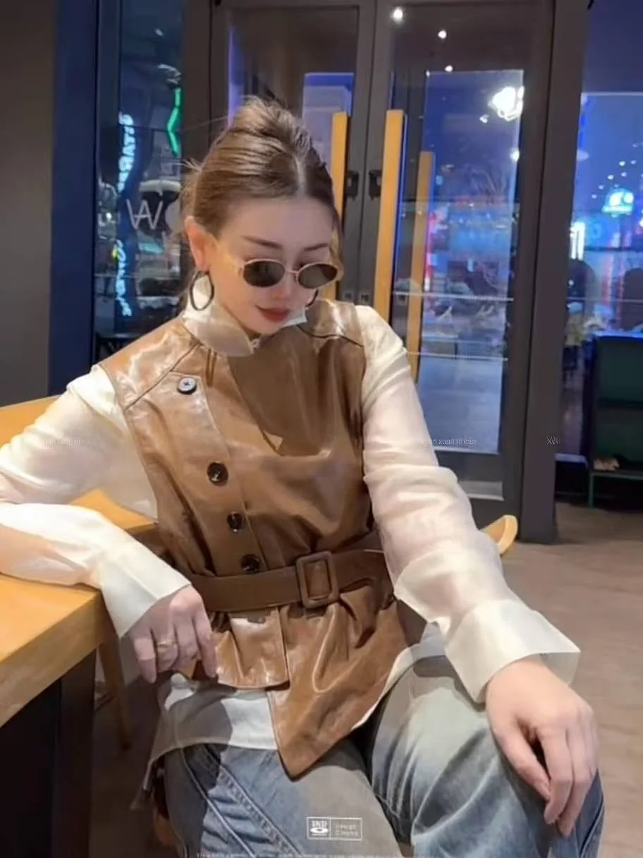 

Новая женская куртка-жилет из натуральной кожи 2026 года: укороченная, приталенная, универсальная, модная, для повседневной носки, из овчины