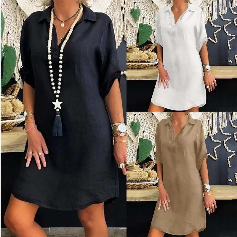 

Cotton Linen OL Blouse Dress Vintage Casual Turn Down Collar Short Sleeve Loose Solid Mini Dresses Female Vestidos FYY1062