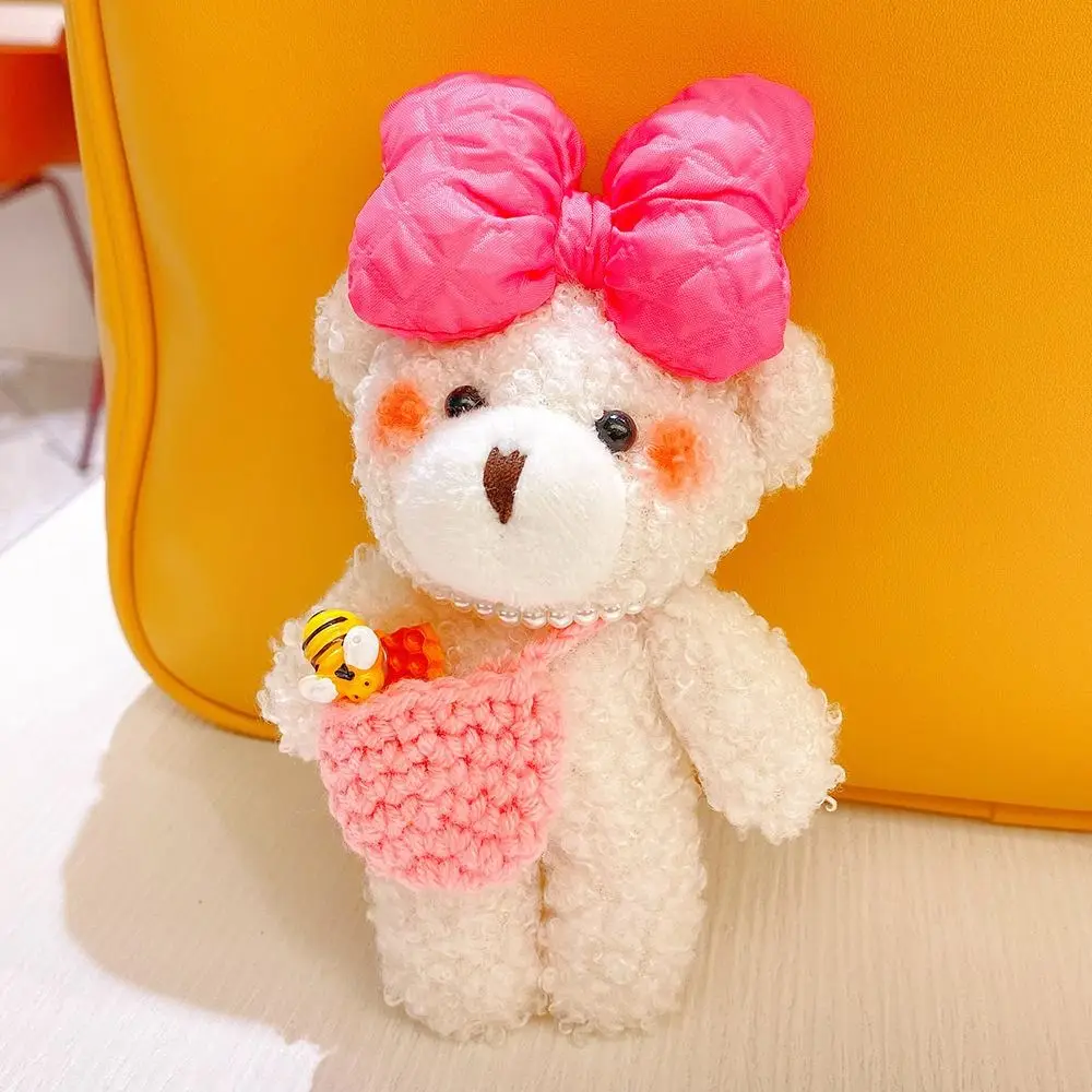 Chaveiro de Urso Peludo com Laço, Acessório de Bolsa, Pingente de Urso de Pelúcia Kawaii, Brinquedo de Urso de Pelúcia Macio de 12cm, Decoração para Mochila