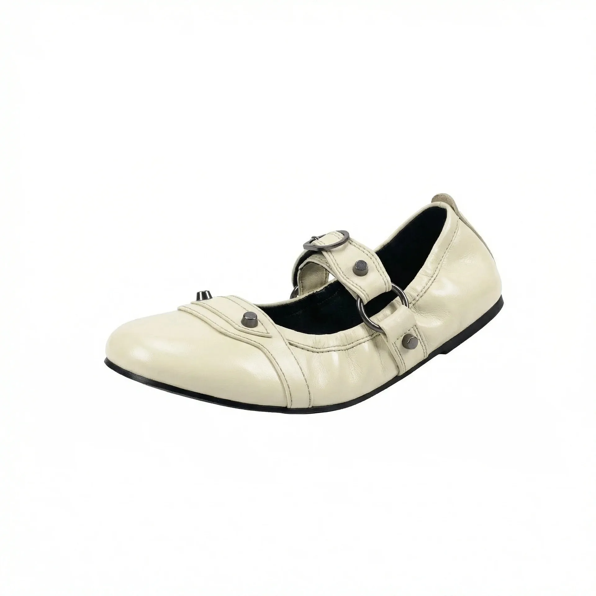 Women's Leather Mary Jane Flats Adjustable Buckle Strap Rivet Accents Edgy Retro Style for Daily Commute Casual Chic Outfits