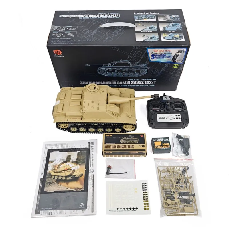 Tanque RC de Plástico Henglong 1/16 7.0 Mainboard Stug III RTR Modelo 3868 BB IR Caja de Cambios de Acero Batería de 1800MAH Radio Sonido Luz