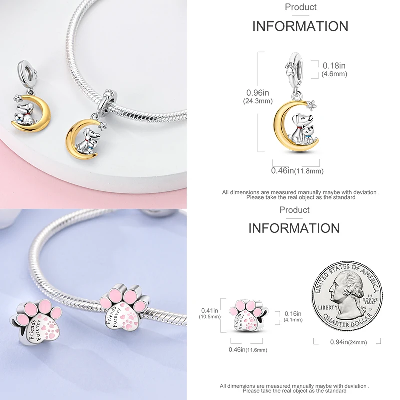 925 Sterling Silber Hund Katze Pfotenabdruck Charm Perlen Glücksbringer Katze Haustierliebhaber Herz DIY Armband Halskette Geschenk für Frauen Mädchen – Detail 16