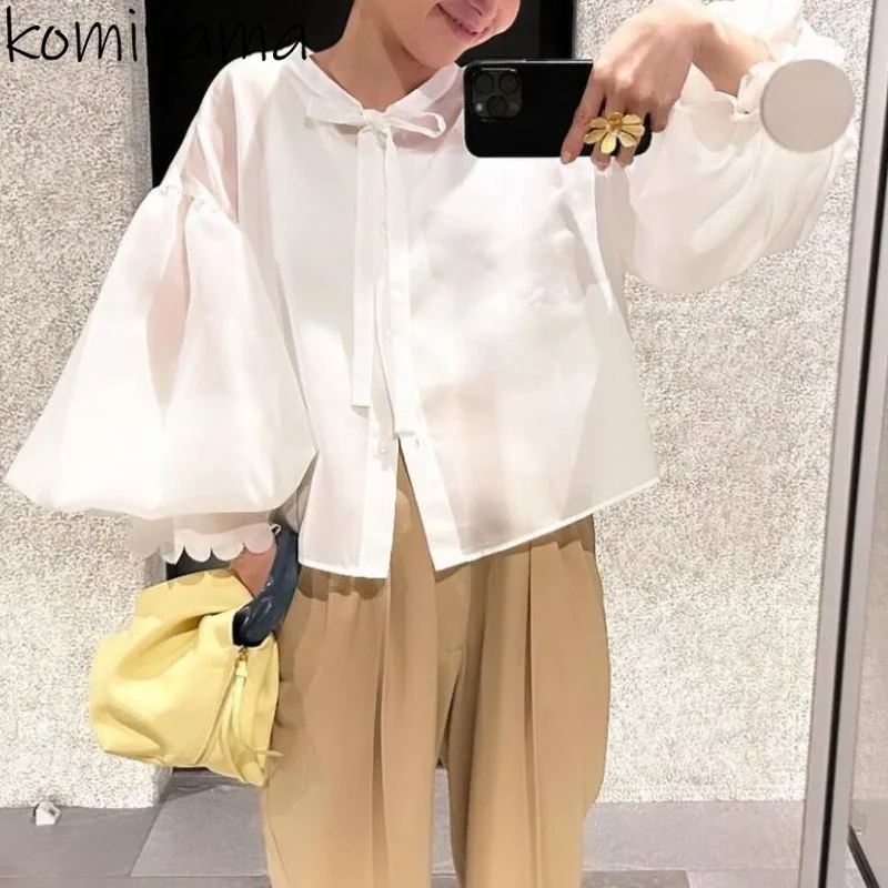 Lantern Long Sleeve Blusas Stand Collar Bandage Bow Shirts & Blouses Loose Camisas Sun Protection Ropa Mujer Spring Tops