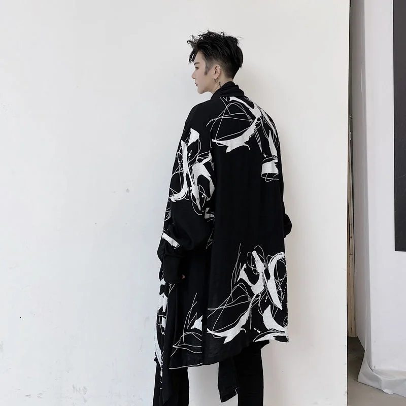 2022 Autumn New Pile Collar Irregular Geometric Pattern Men's Medium Long Shirts Black Japan Style Cardigan Tops 2Y2241