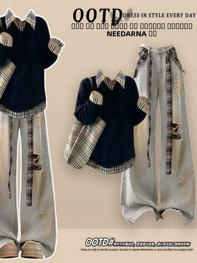 

Осенняя мода, корейский комплект из толстовки и джинсов, элитный уникальный супер красивый повседневный узор из полиэстера