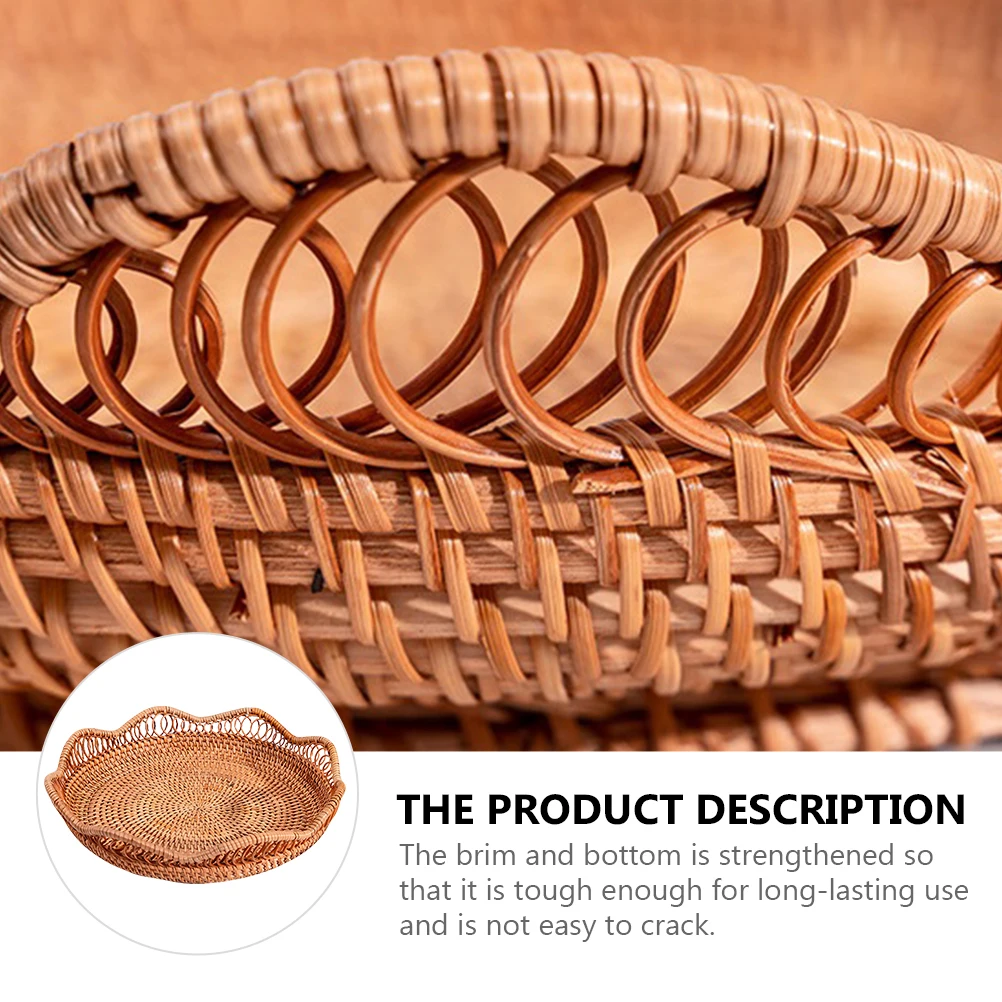 

Round Wicker Basket Rattan Organizer Shallow Weaved Tray for Home Kitchen Party Wedding Natural Material